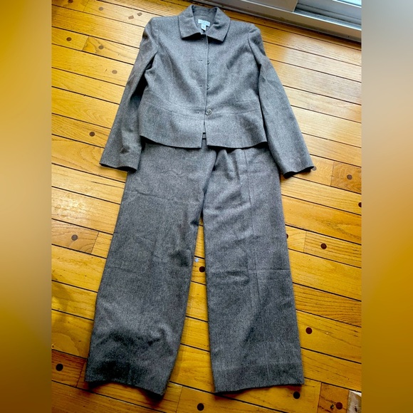 Ann Taylor Loft pant suit set brown herringbone virgin wool Laura size 8L long - Picture 1 of 9